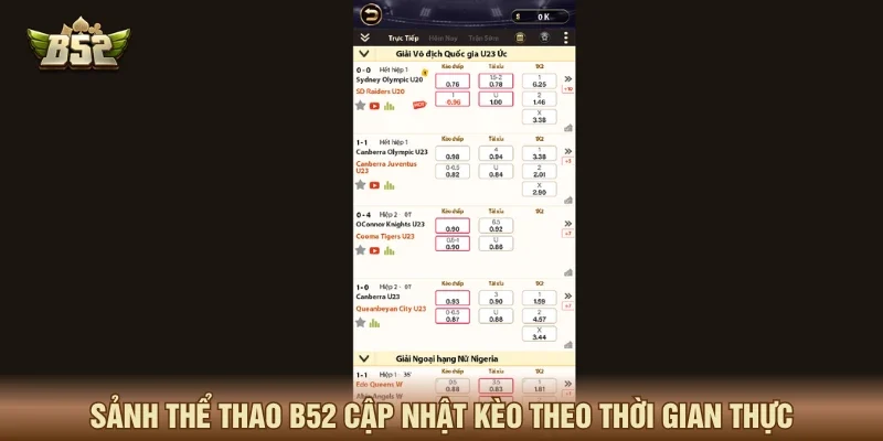 Sảnh thể thao B52 cập nhật kèo theo thời gian thực